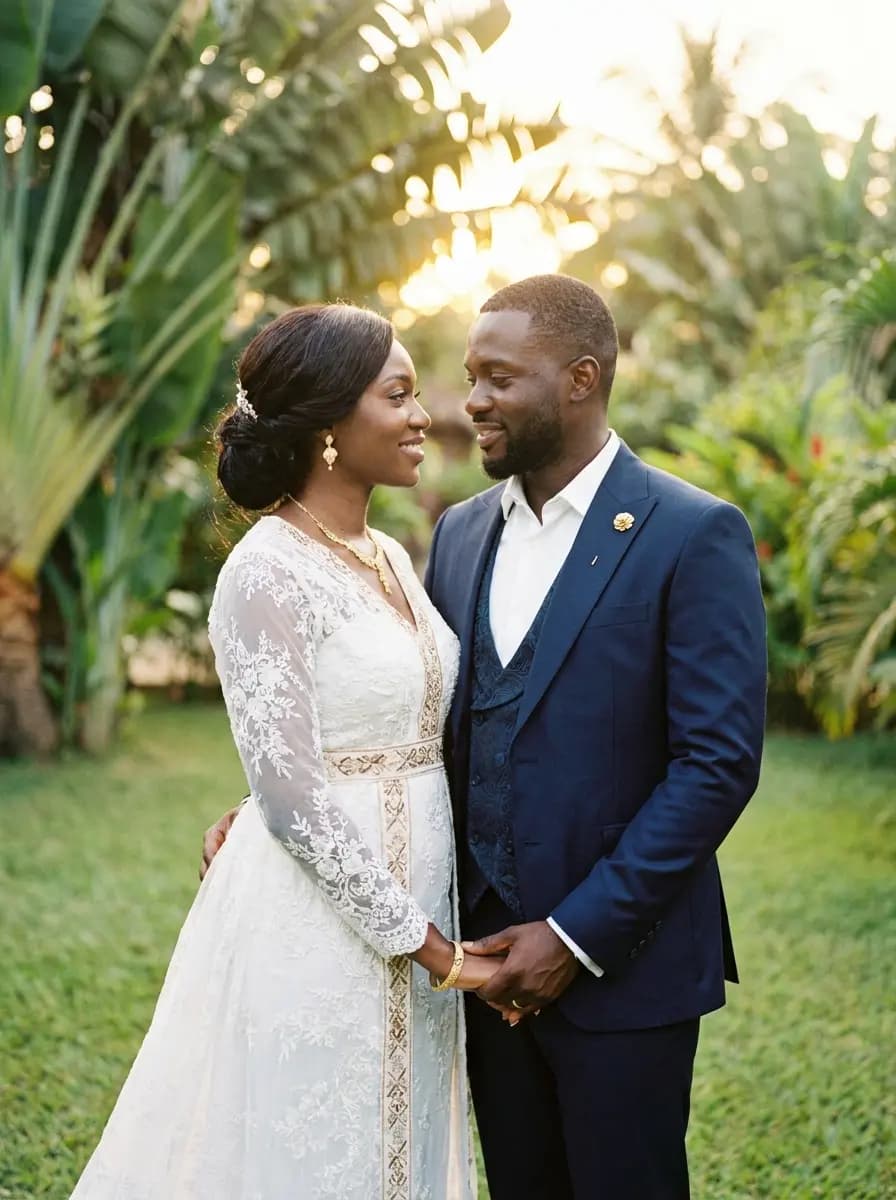 Couple de mariés africains entouré de leurs invités