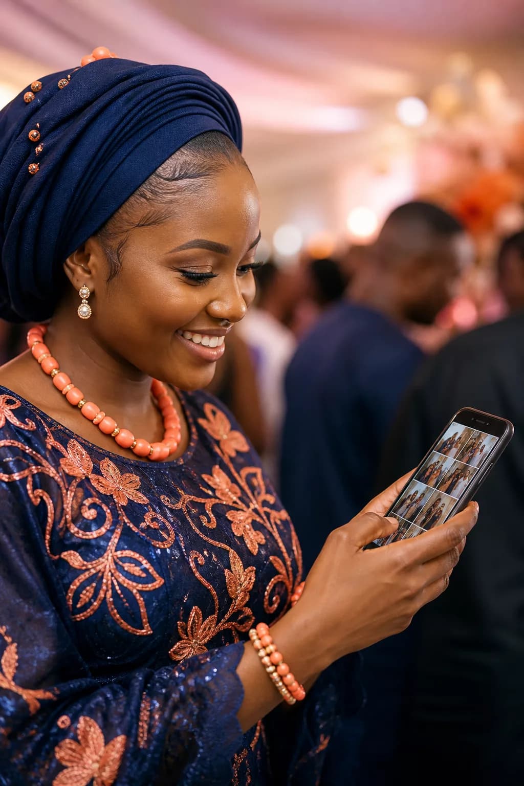 Invitée de mariage consultant sur son téléphone les photos où elle apparaît