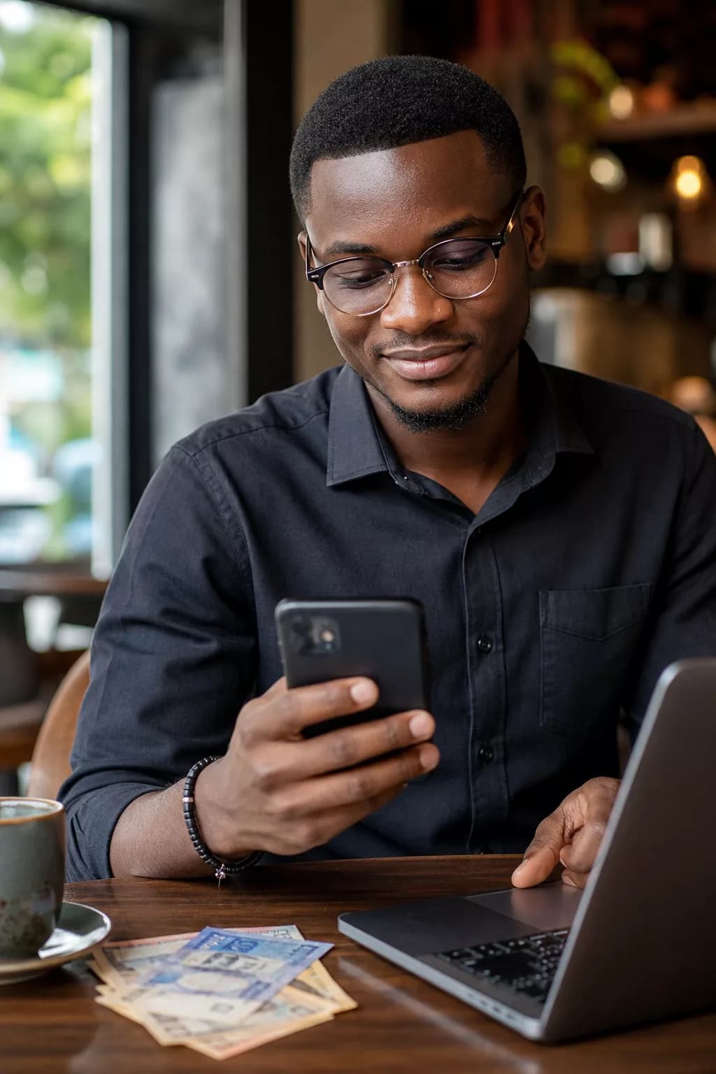 Personne consultant ses photos d’événement sur téléphone, contexte UEMOA