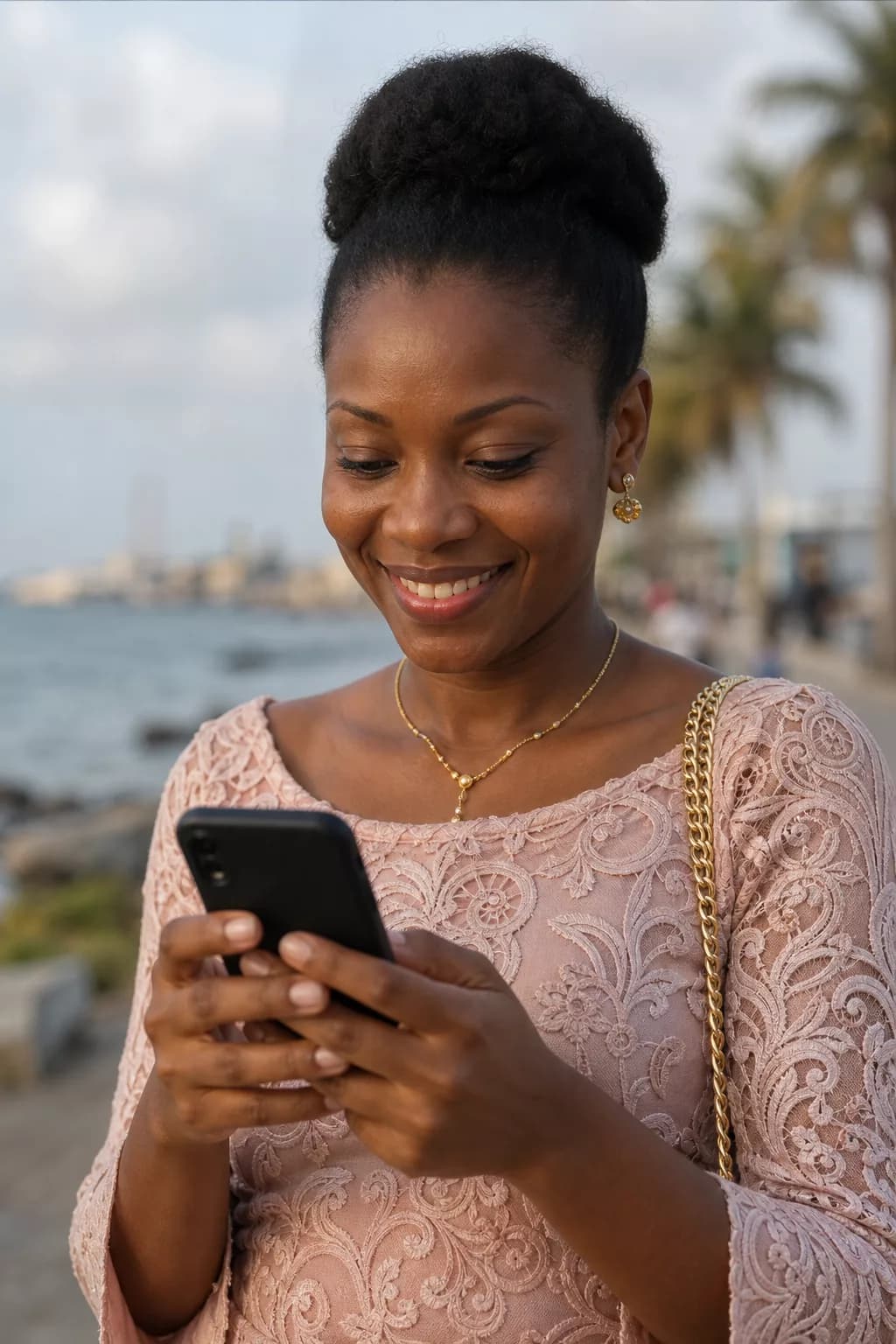 Invité à Cotonou consultant ses photos d’événement sur smartphone