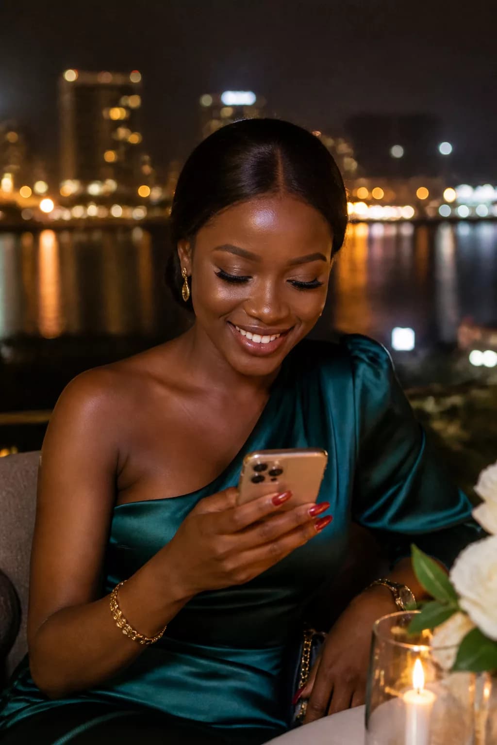 Invité à Abidjan consultant ses photos d’événement sur smartphone
