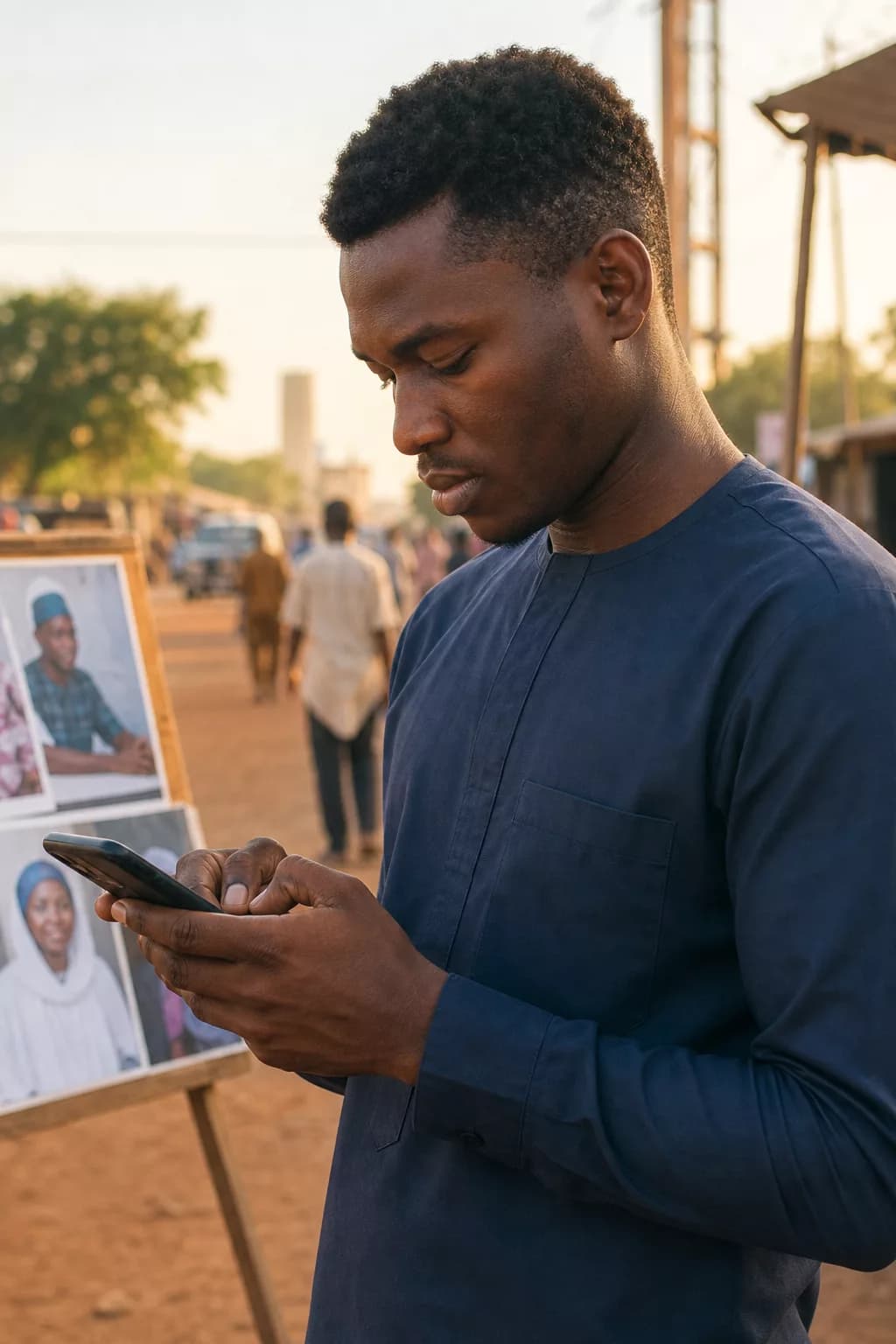 Invité à Niamey consultant ses photos d’événement sur smartphone