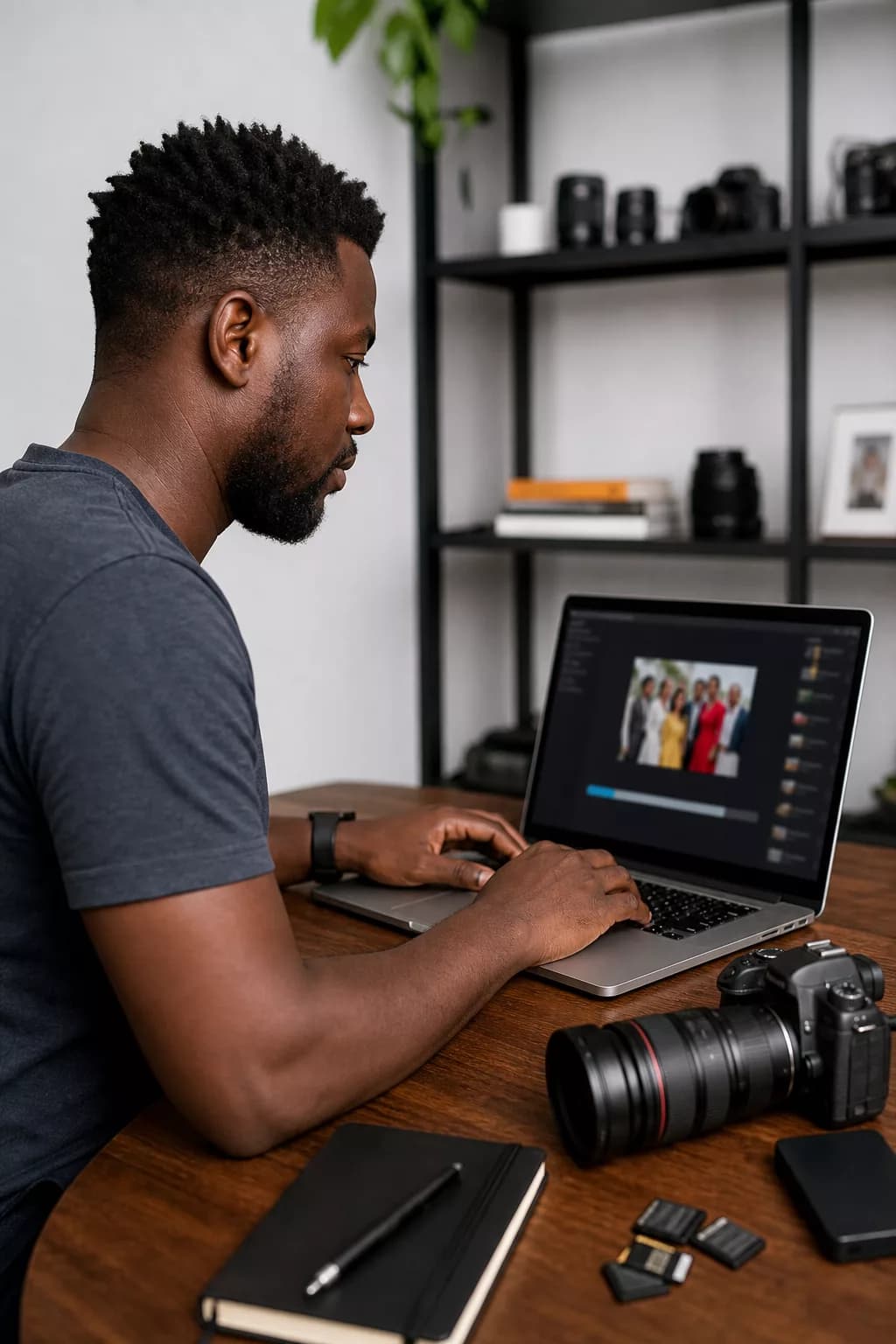 Photographe consultant sur laptop la distribution de ses photos d’événement